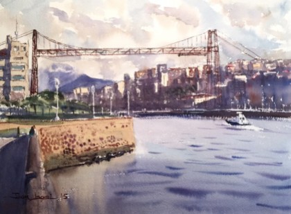 Acuarela, watercolor, Bilbao, Puente Colgante, Bizkaia